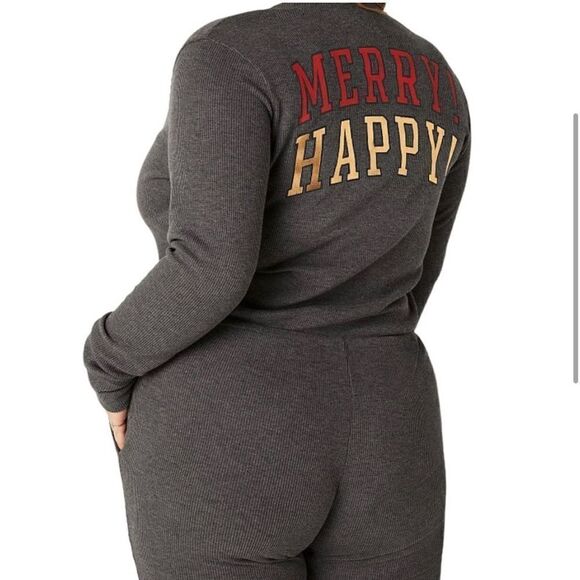 VS PINK Grey Thermal Holiday Merry Happy Drawstring Pajama Onesie w/ Pockets - Picture 1 of 5